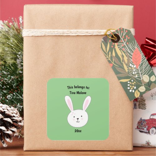 This Belongs to School Green Cute Bunny Rabbit Square Sticker