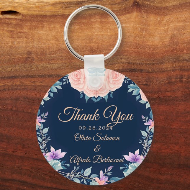 This Blush Pink and Navy Blue Floral Elegant Keychain (Front)