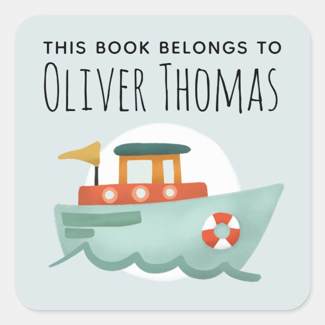 This Book Belongs Blue Ocean Boat Kids Bookplate (Front)