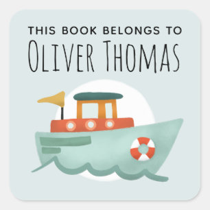 This Book Belongs Blue Ocean Boat Kids Bookplate