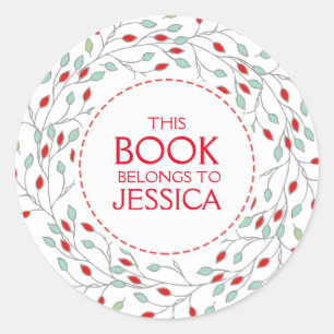 This Book Belongs Christmas Floral Wreath Classic Round Sticker