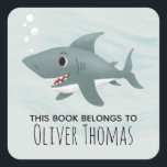 "This Book Belongs" Cute Blue Shark Kids Bookplate<br><div class="desc">This modern and cute kids bookplate sticker design features a blue ocean shark cartoon,  with waves and bubbles. The stickers can be personalized with your boys name,  under 'this book belongs, ' making them perfect for your child's library or school books.</div>