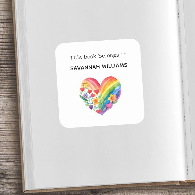 This Book Belongs To Bookplate Rainbow Heart Kids (A custom bookplate sticker with rainbow heart and flowers design and 'This book belongs to' words)