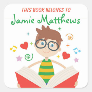 This Book Belongs To Cartoon Boy Reading Square Sticker