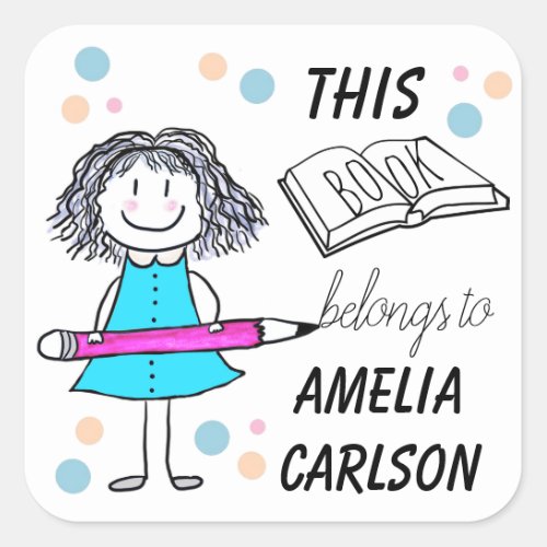This Book Belongs To Cartoon Girl Custom Square Sticker