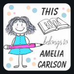 This Book Belongs To Cartoon Girl Custom Square Sticker<br><div class="desc">Custom book labels for kids.</div>