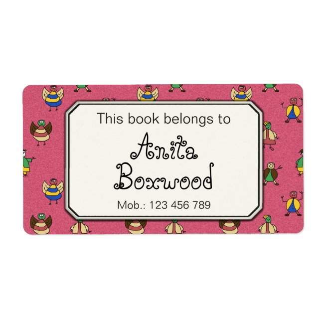 This Book Belongs To Custom Girl Name Stick People Label (Front)