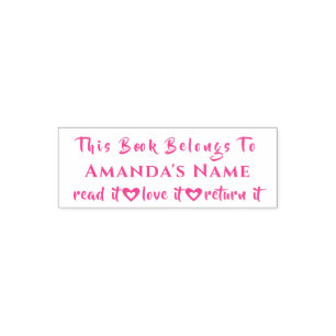 This Book Belongs To Custom Name Girly Pink Self-inking Stamp