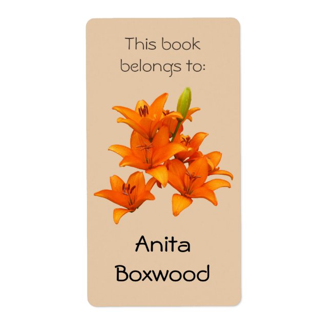 This Book Belongs To Custom Name Orange Lilies Label (Front)