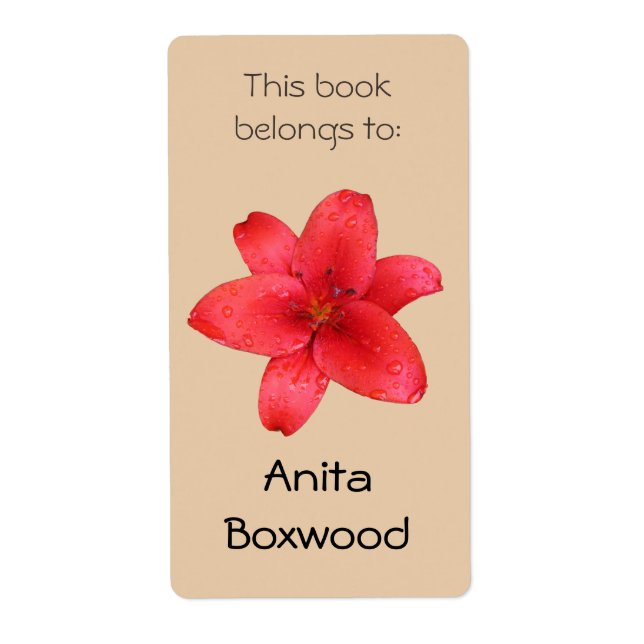 This Book Belongs To Custom Name Red Lily Label (Front)