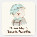 This Book Belongs To Cute Bear Gingham Hat Square Sticker at Zazzle