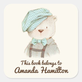 This Book Belongs To Cute Bear Gingham Hat Square Sticker by CitronellaKids at Zazzle