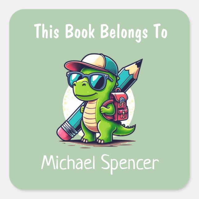 This Book Belongs To Cute Boys Dinosaur Green Square Sticker (Front)