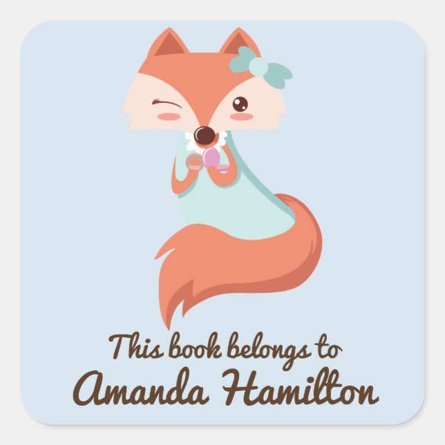 THIS BOOK BELONGS TO CUTE FOX WITH BLUE BOW SQUARE STICKER (Front)