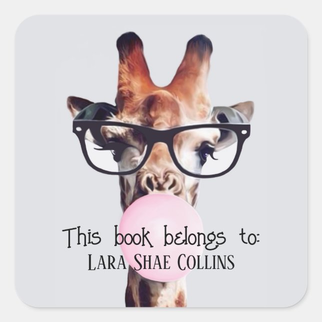 This book belongs to Giraffe blowing bubble gum Square Sticker (Front)