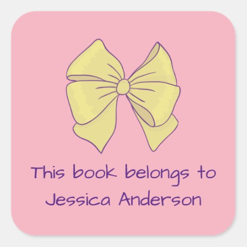 This Book Belongs to Girls Name Bow Pink Yellow Square Sticker