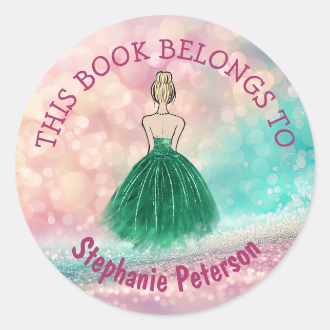 This Book Belongs To - Gradient Glitter Rainbow  Classic Round Sticker (Front)