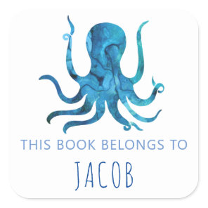 This Book Belongs To Kids Octopus Nautical Blue Square Sticker