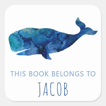 This Book Belongs To Kids Whale Nautical Blue Square Sticker by LilPartyPlanners at Zazzle