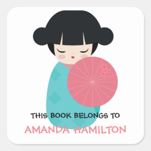 THIS BOOK BELONGS TO Kokeshi Doll Japanese Geisha Square Sticker