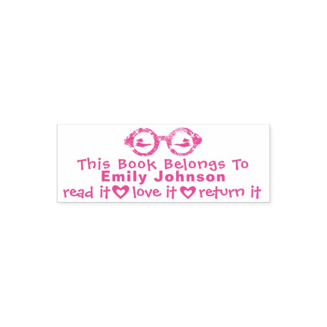 This Book Belongs To  Name Girly Pink Glass Eyes Self-inking Stamp (Design)