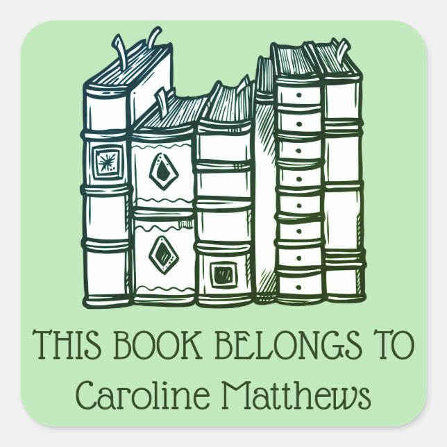 This Book Belongs To Personalized Green Square Sticker (Front)