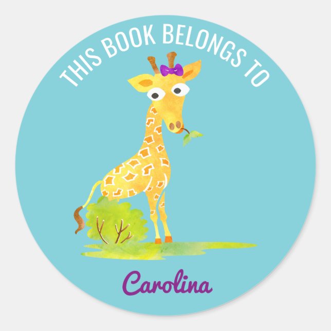 This Book Belongs To Personalized Kids Giraffe Classic Round Sticker (Front)