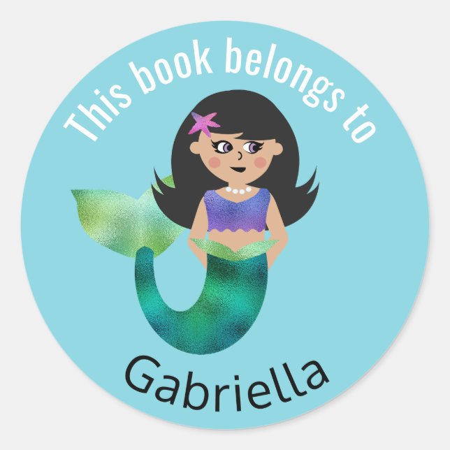 This Book Belongs To Personalized Latino Mermaid Classic Round Sticker (Front)