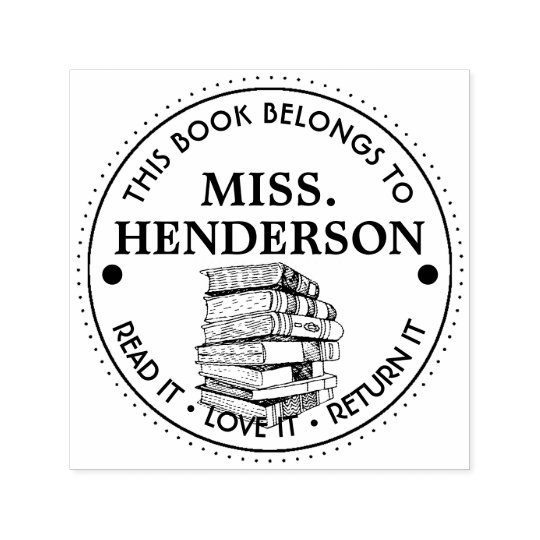 THIS BOOK BELONGS TO Custom Personalized Black Round Self Inking Rubber stamp