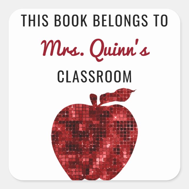 This Book Belongs To Personalized Teacher Apple Square Sticker (Front)