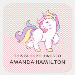 This Book Belongs To Pink Cute Unicorn Square Sticker at Zazzle
