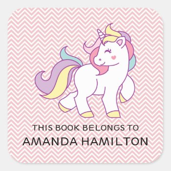 This Book Belongs To Pink Cute Unicorn Square Sticker by CitronellaKids at Zazzle