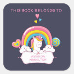 This Book Belongs To Pink Trendy Unicorn Rainbow Square Sticker at Zazzle