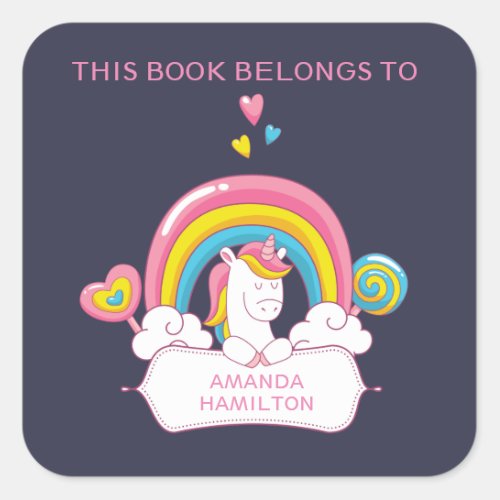 THIS BOOK BELONGS TO PINK TRENDY UNICORN RAINBOW SQUARE STICKER