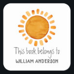 This Book Belongs To- Sunshine Personalized  Square Sticker<br><div class="desc">Whimsical watercolor happy yellow sunshine sticker. Customizable.</div>