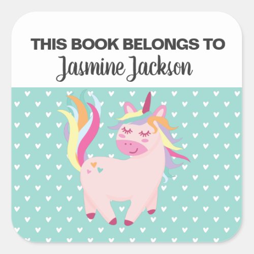 This book belongs to w rainbow unicorn  hearts square sticker