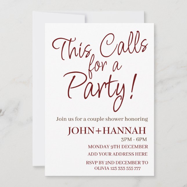  This Calls For a Party Funny Co-ed Couple Shower  Invitation (Front)