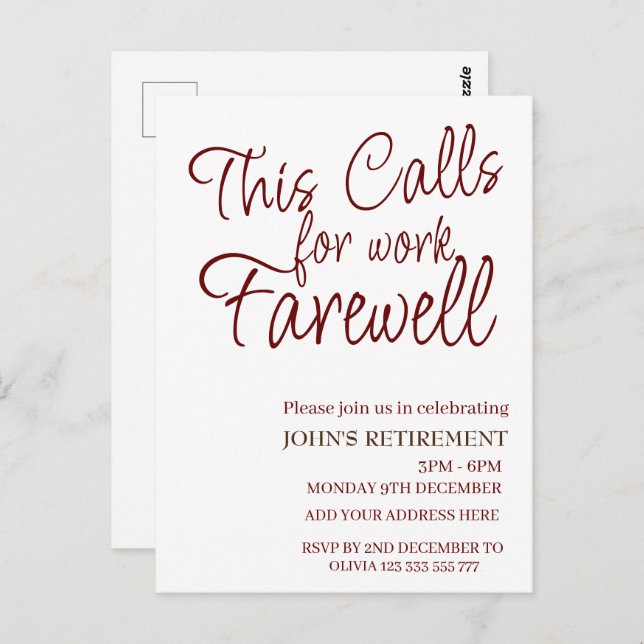 This Calls For Work Farewell Custom Retirement  Postcard (Front/Back)