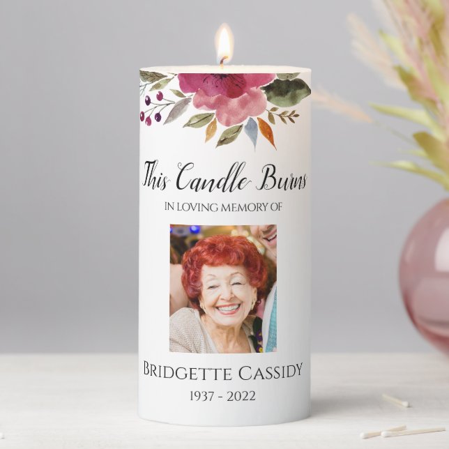 This Candle Burns Burgundy Floral Photo Memorial (In Situ)