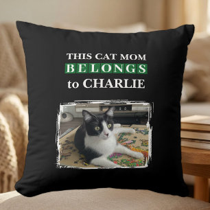 This cat mom belongs to name photo black green throw pillow