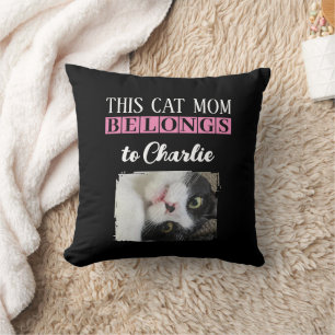 This cat mom belongs to name photo black pink throw pillow
