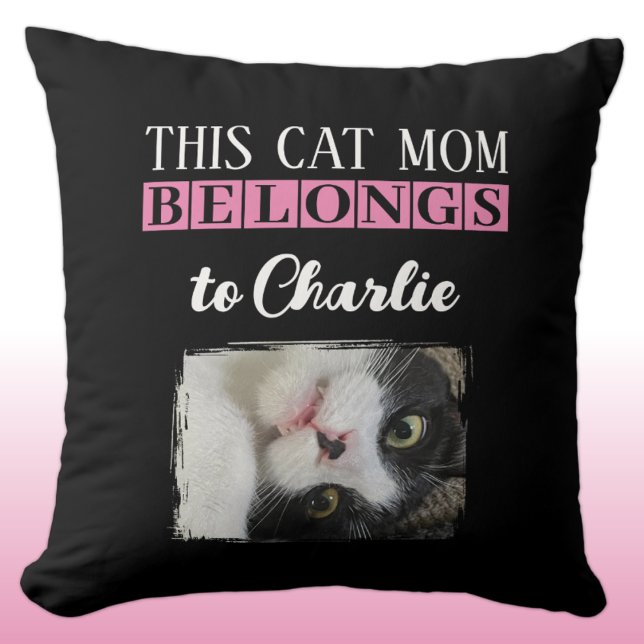 This cat mom belongs to name photo black pink throw pillow (Creator Uploaded)