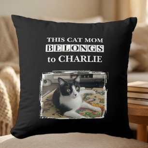 This cat mom belongs to name photo black white throw pillow