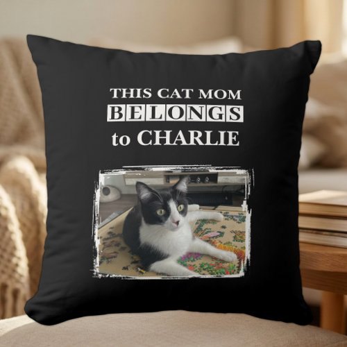 This cat mom belongs to name photo black white throw pillow