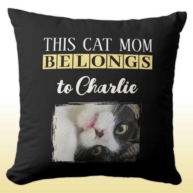 This cat mom belongs to name photo black yellow throw pillow (Creator Uploaded)