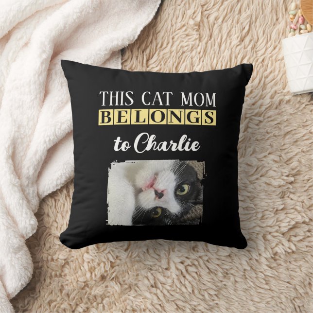 This cat mom belongs to name photo black yellow throw pillow (Blanket)