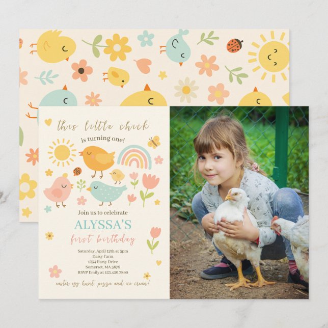 This Chick Is Turning One Farm 1st Birthday Photo Invitation (Front/Back)