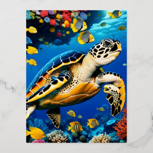 This digital render of a hawksbill sea turtle divi foil holiday postcard