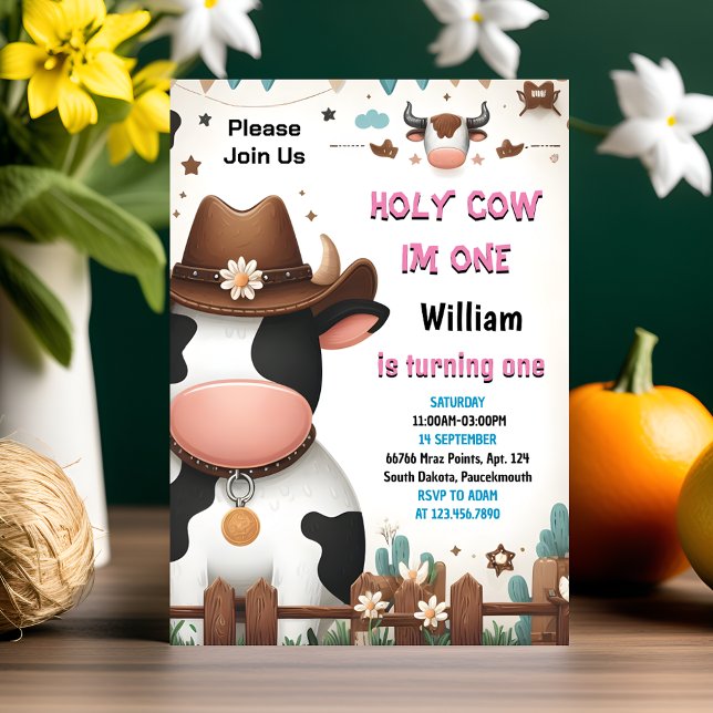 This Farm Cute Floral Pink Holy Cow 1st Birthday Invitation (Creator Uploaded)