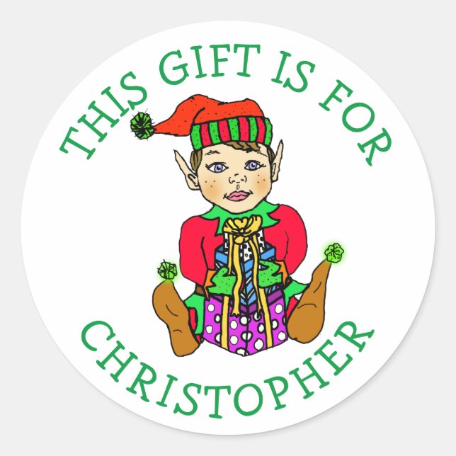 This Gift is For, Boy Elf with Gift Classic Round Sticker (Front)